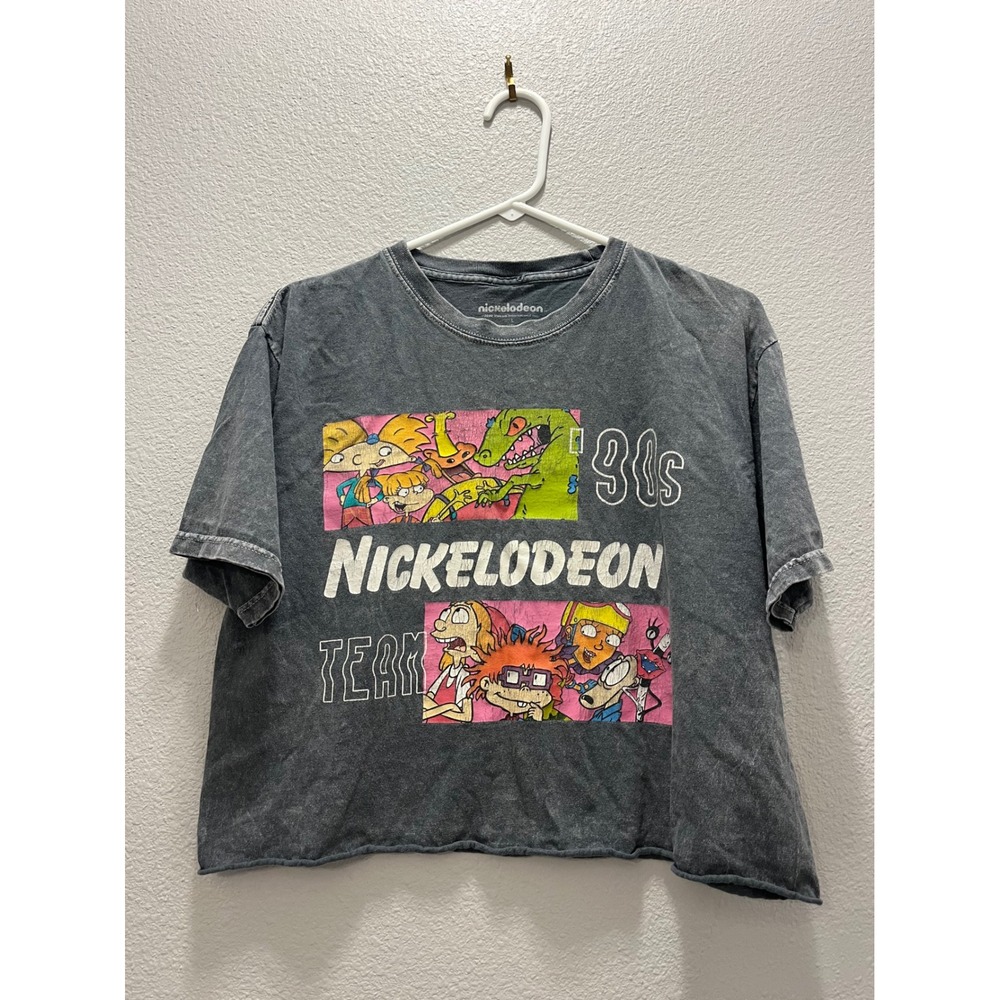 Nickelodeon 90s Team Graphic Cropped T-Shirt Gray Rugrats Hey Arnold Large